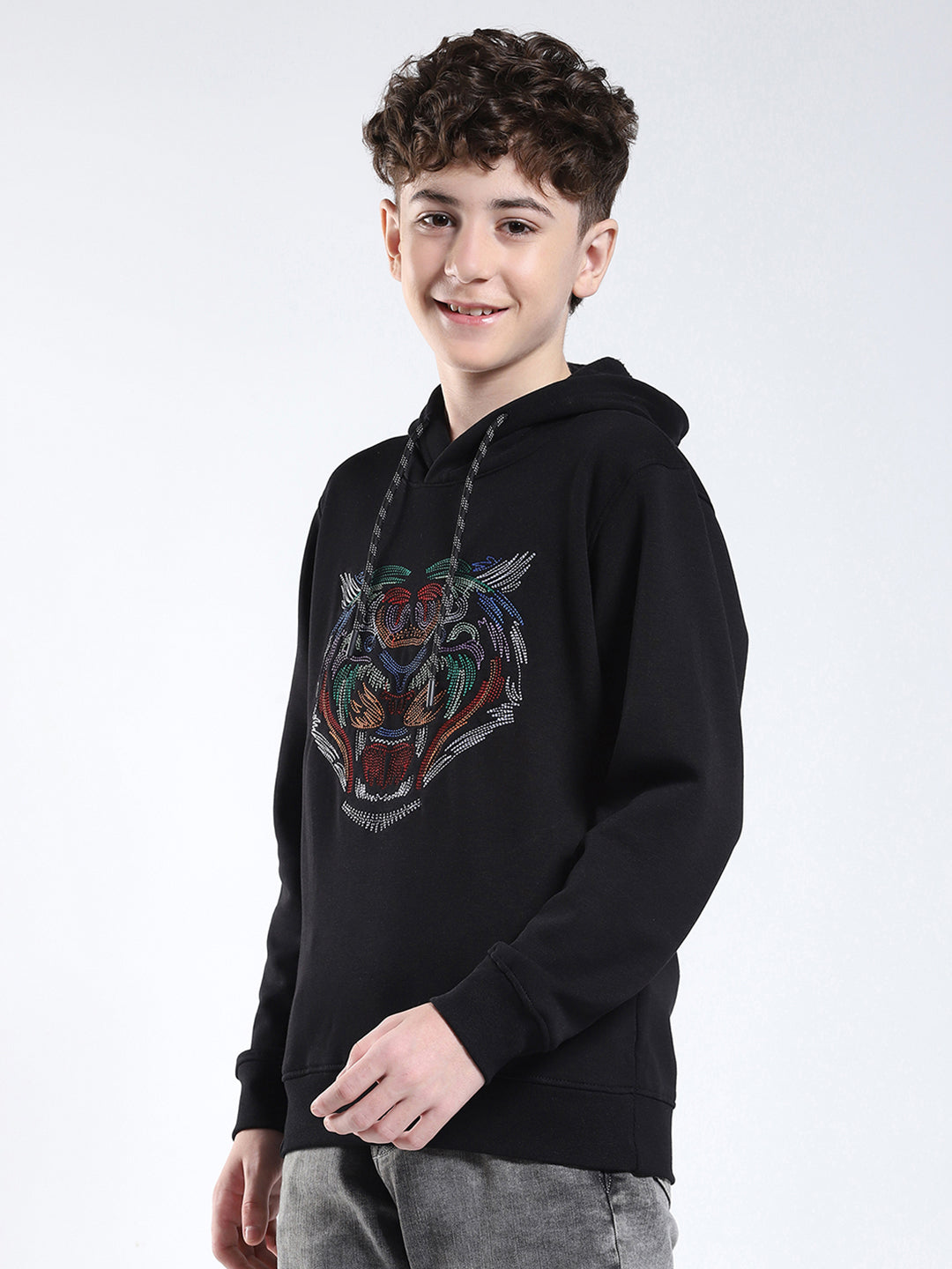 Boys Black Printed Hooded Full Sleeve Sweatshirt