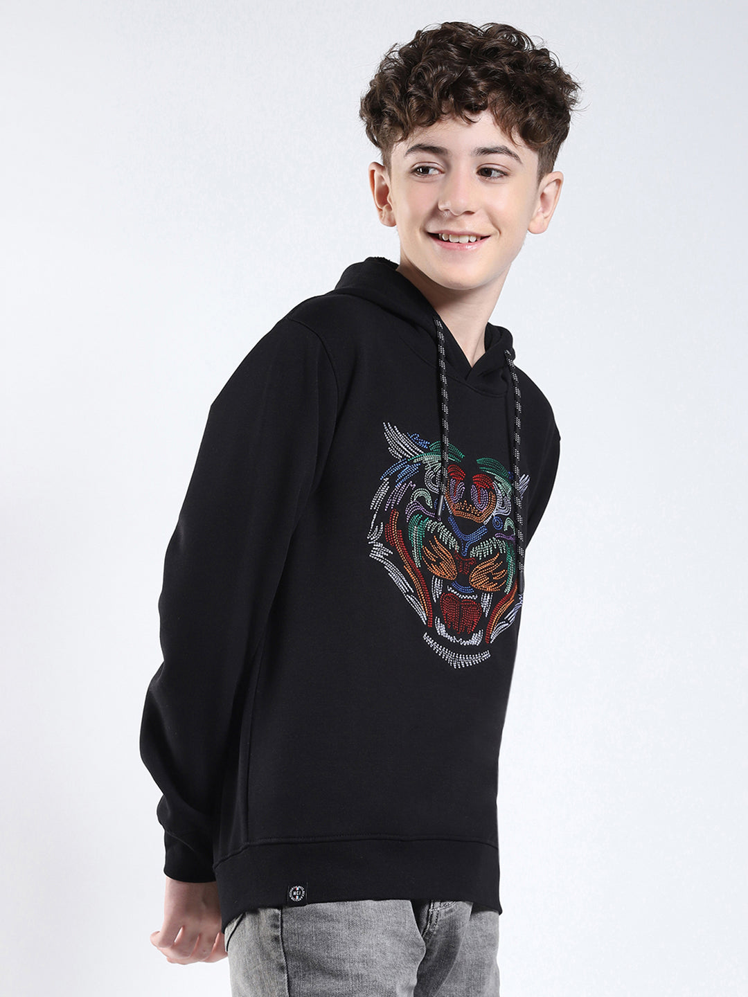 Boys Black Printed Hooded Full Sleeve Sweatshirt
