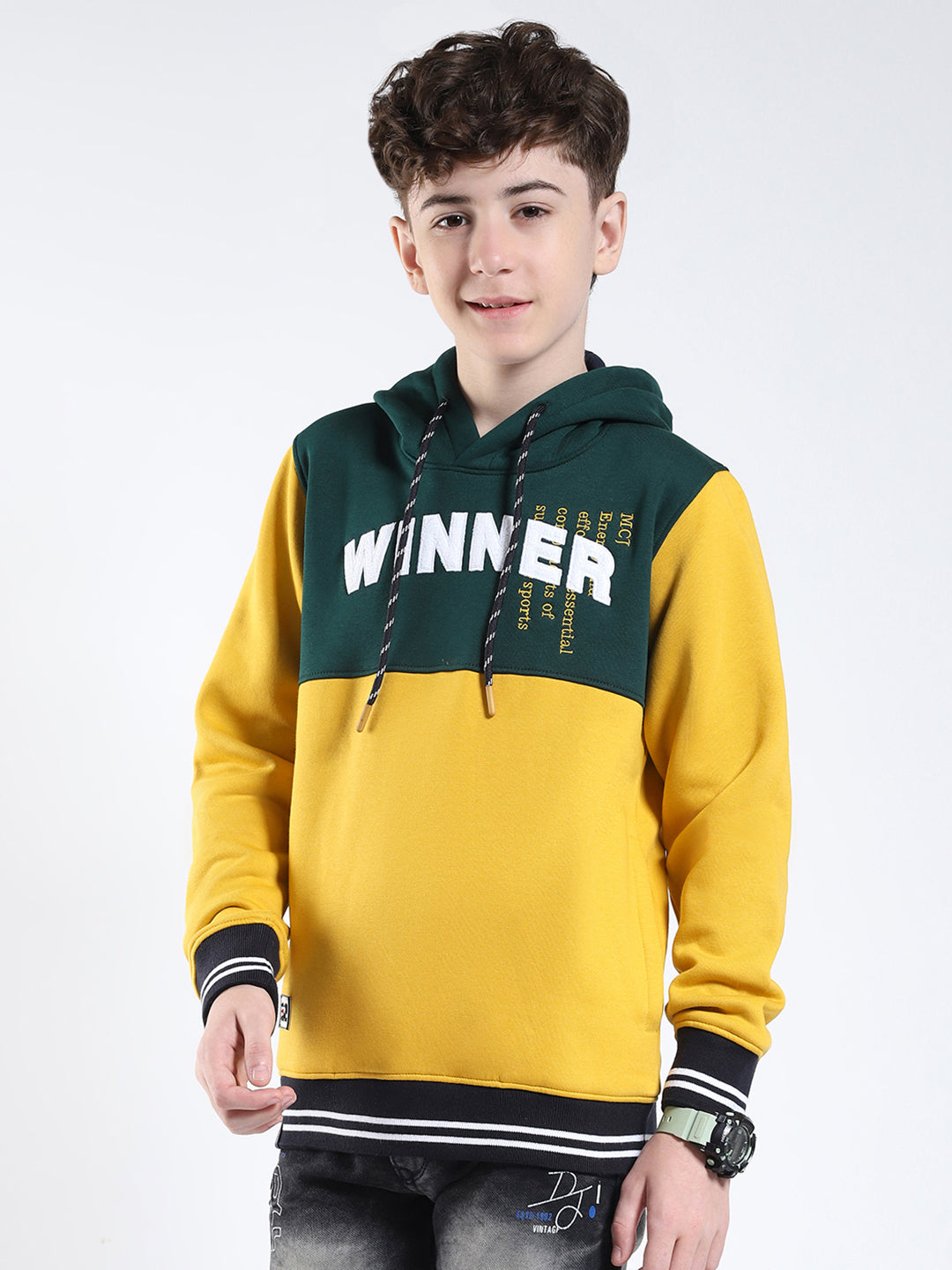Boys Mustard Embroidered Round Neck Full Sleeve Sweatshirt