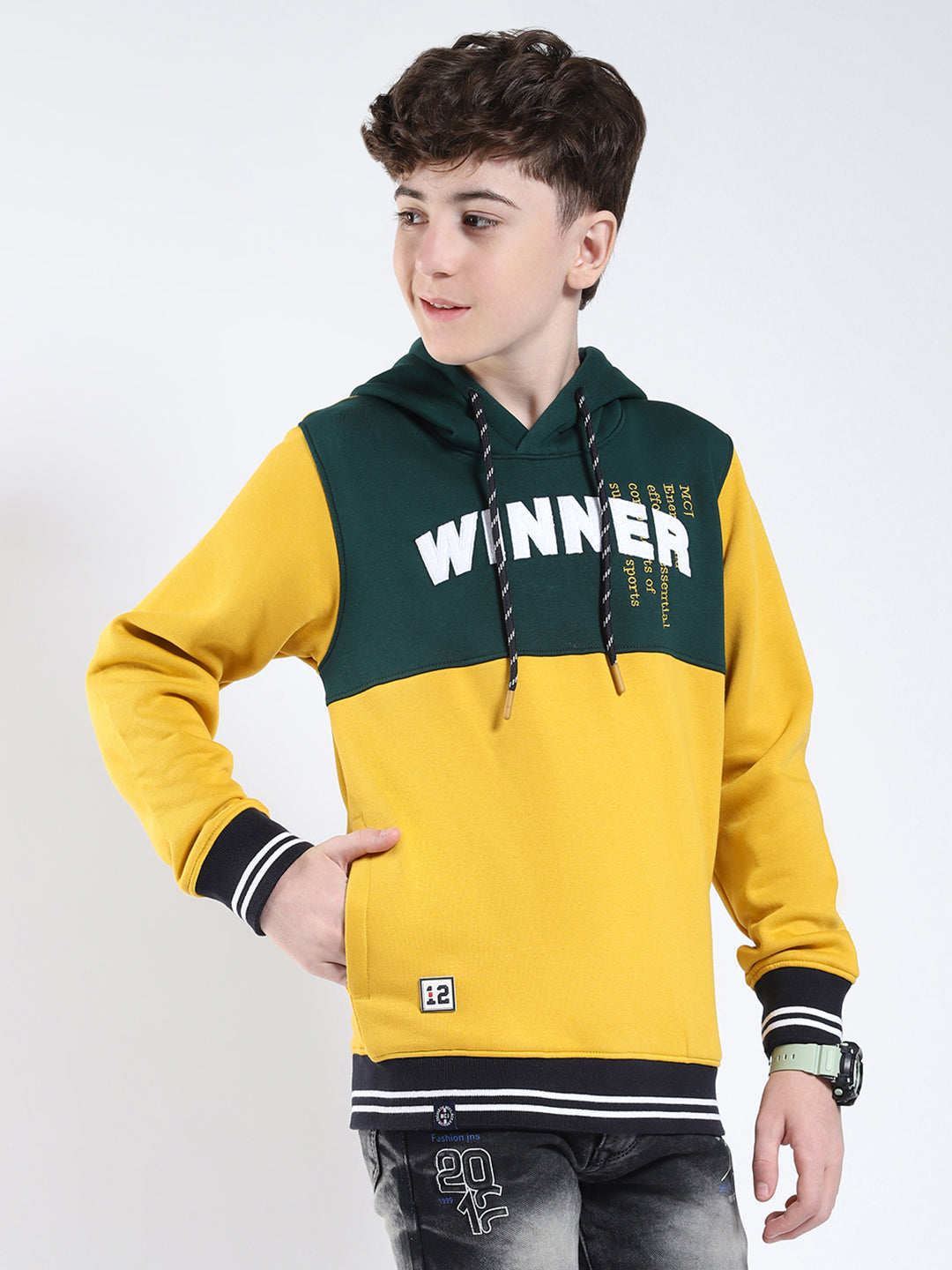 Boys Mustard Embroidered Round Neck Full Sleeve Sweatshirt