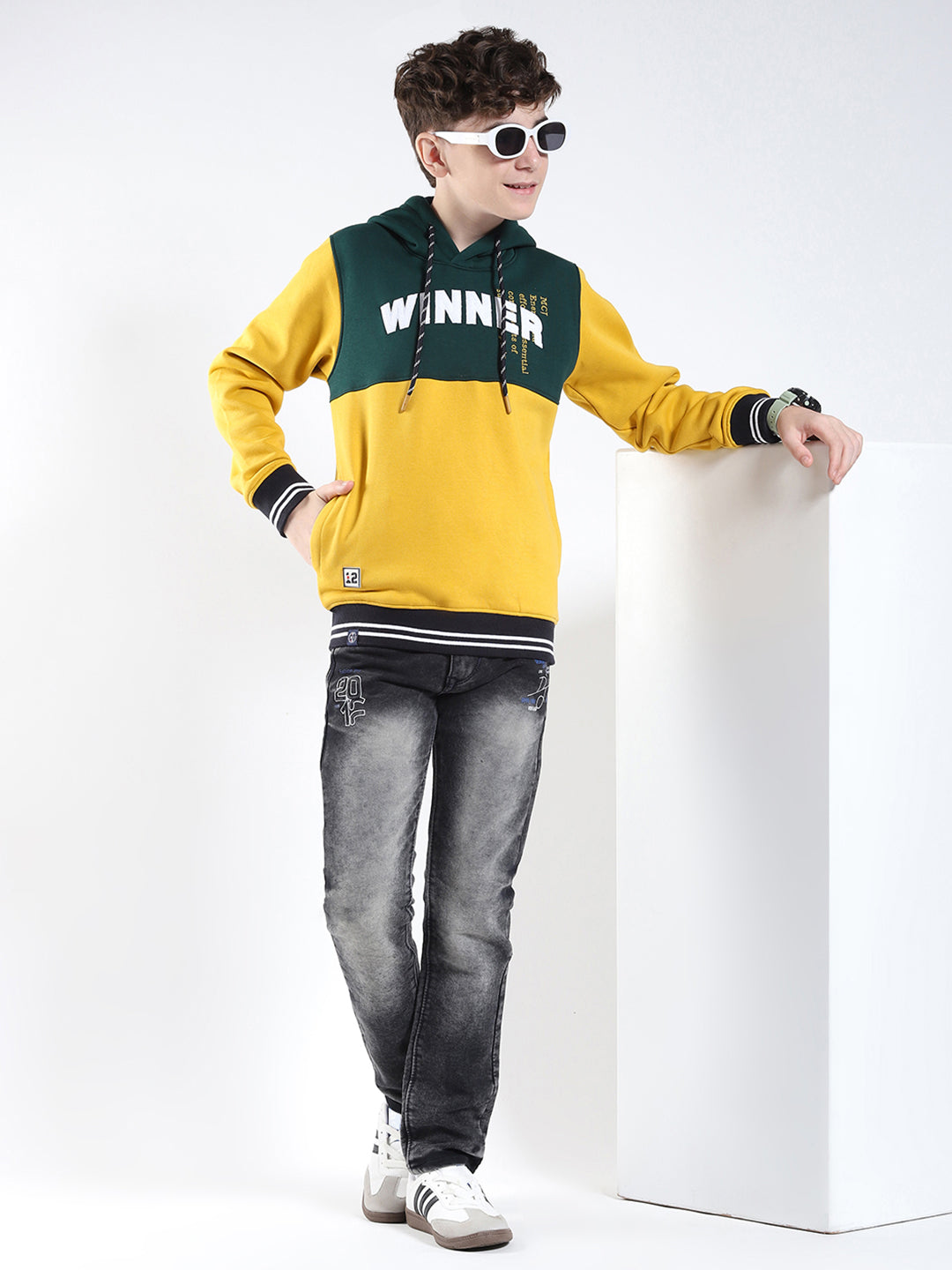 Boys Mustard Embroidered Round Neck Full Sleeve Sweatshirt