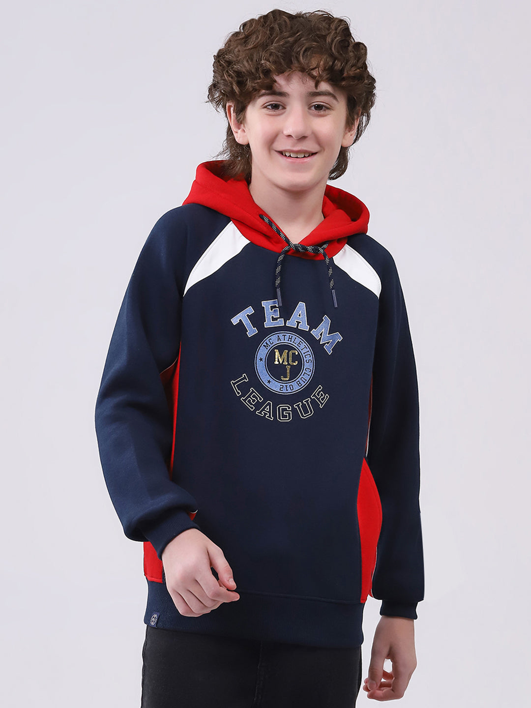 Boys Navy Blue Printed Hooded Full Sleeve Sweatshirt