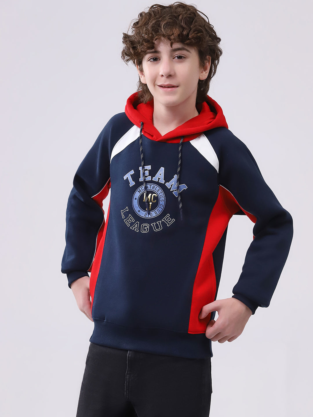 Boys Navy Blue Printed Hooded Full Sleeve Sweatshirt
