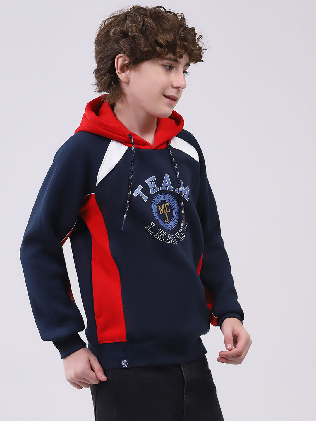 Boys Navy Blue Printed Hooded Full Sleeve Sweatshirt