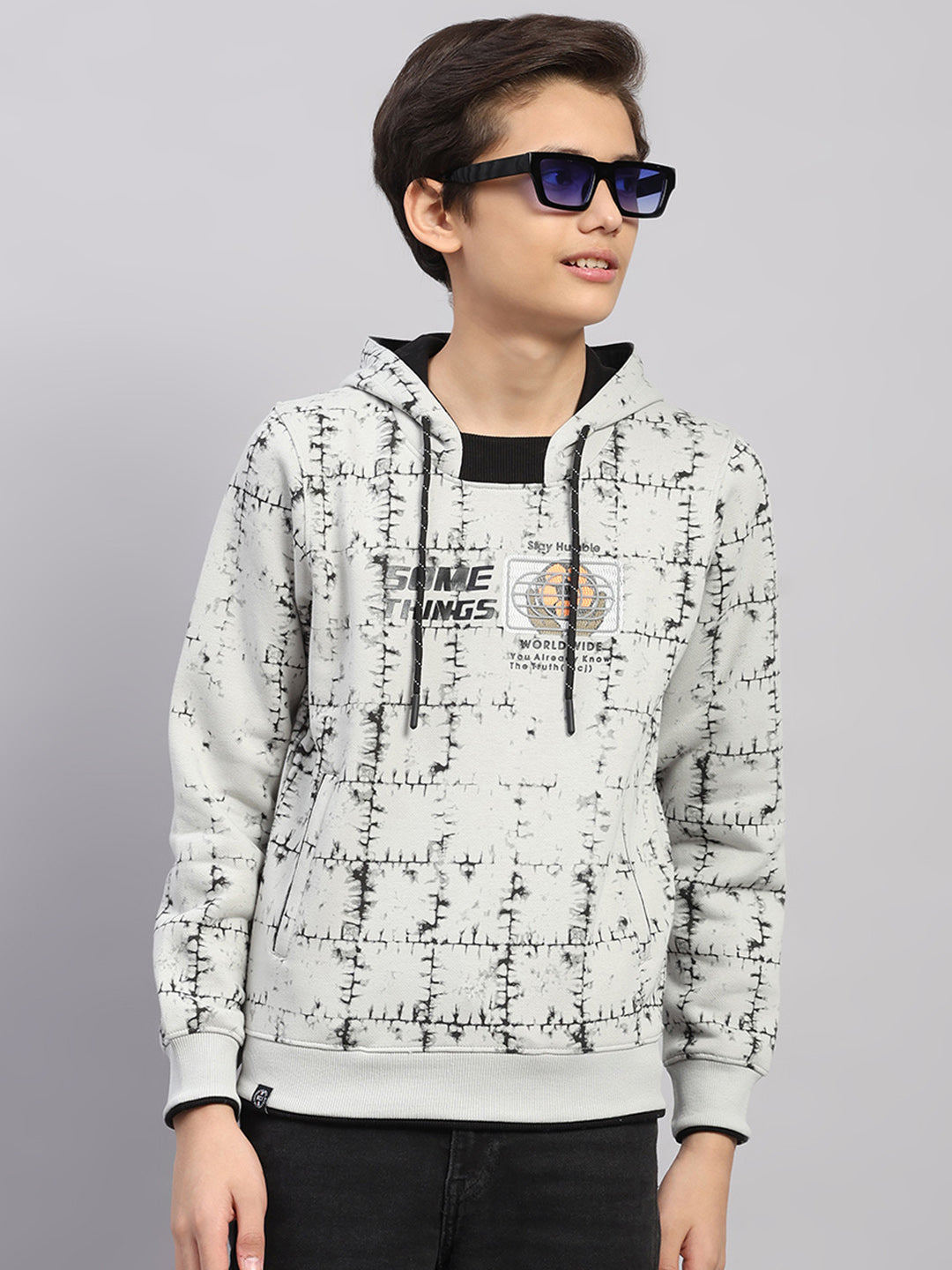 Boys Grey Printed Round Neck Full Sleeve Sweatshirt