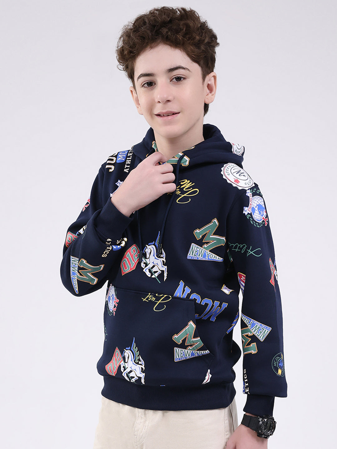 Boys Navy Blue Printed Round Neck Full Sleeve Sweatshirt