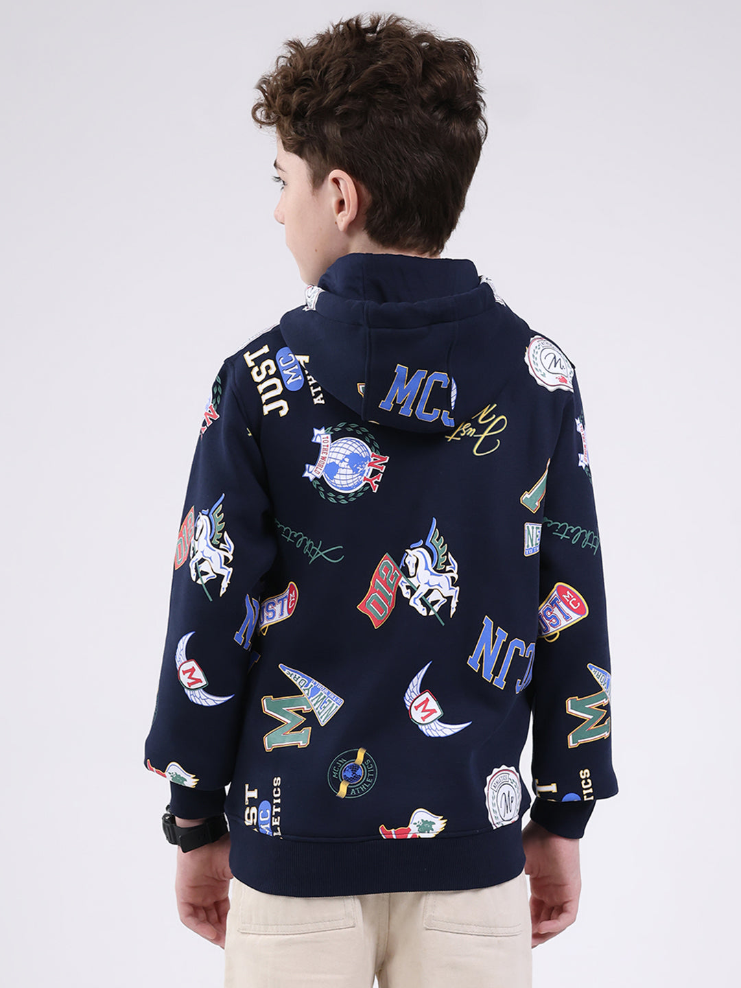 Boys Navy Blue Printed Round Neck Full Sleeve Sweatshirt