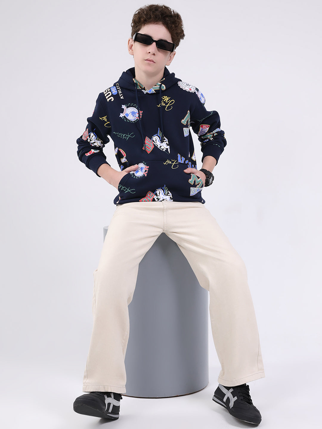 Boys Navy Blue Printed Round Neck Full Sleeve Sweatshirt