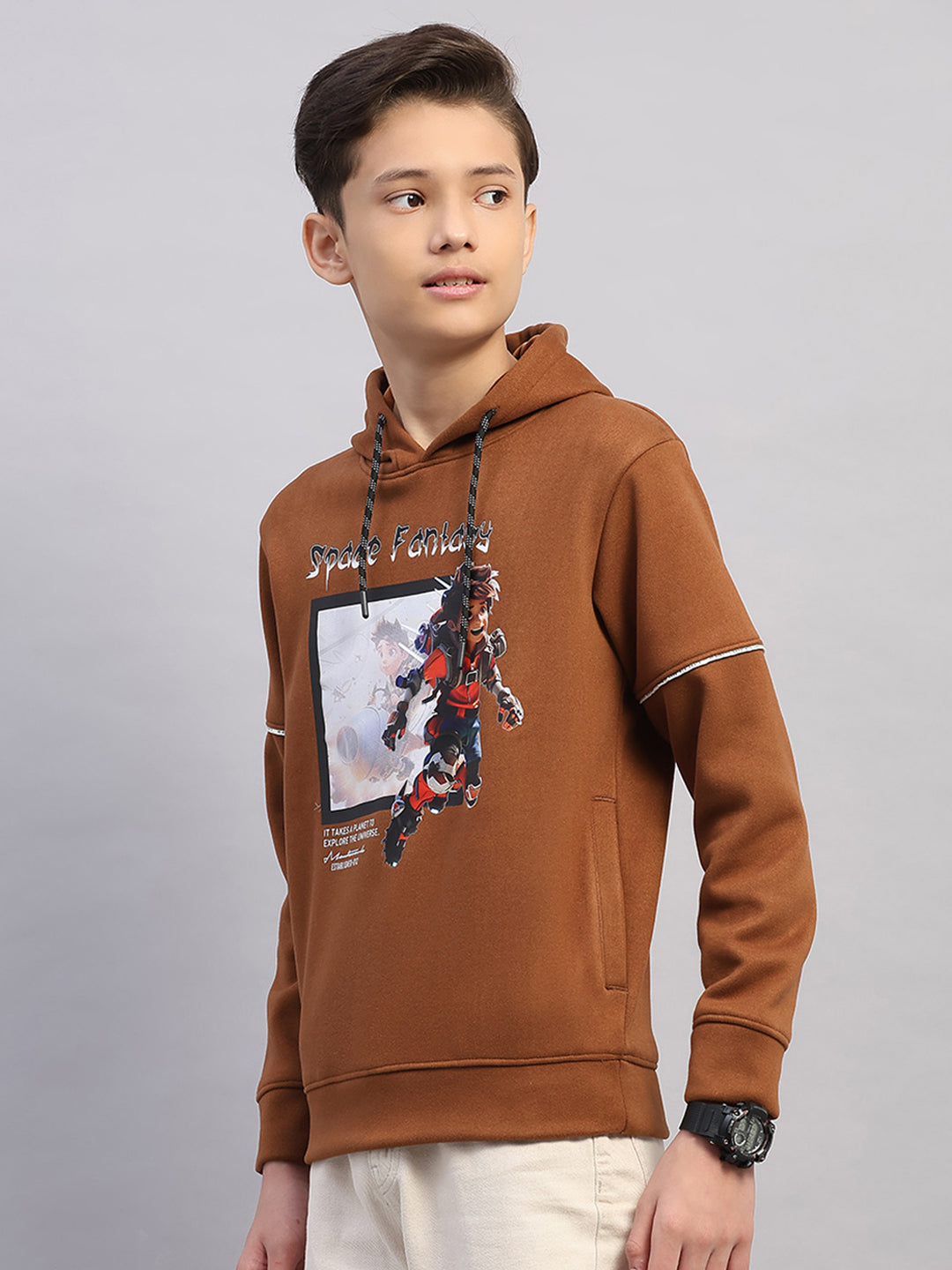 Boys Brown Printed Round Neck Full Sleeve Sweatshirt