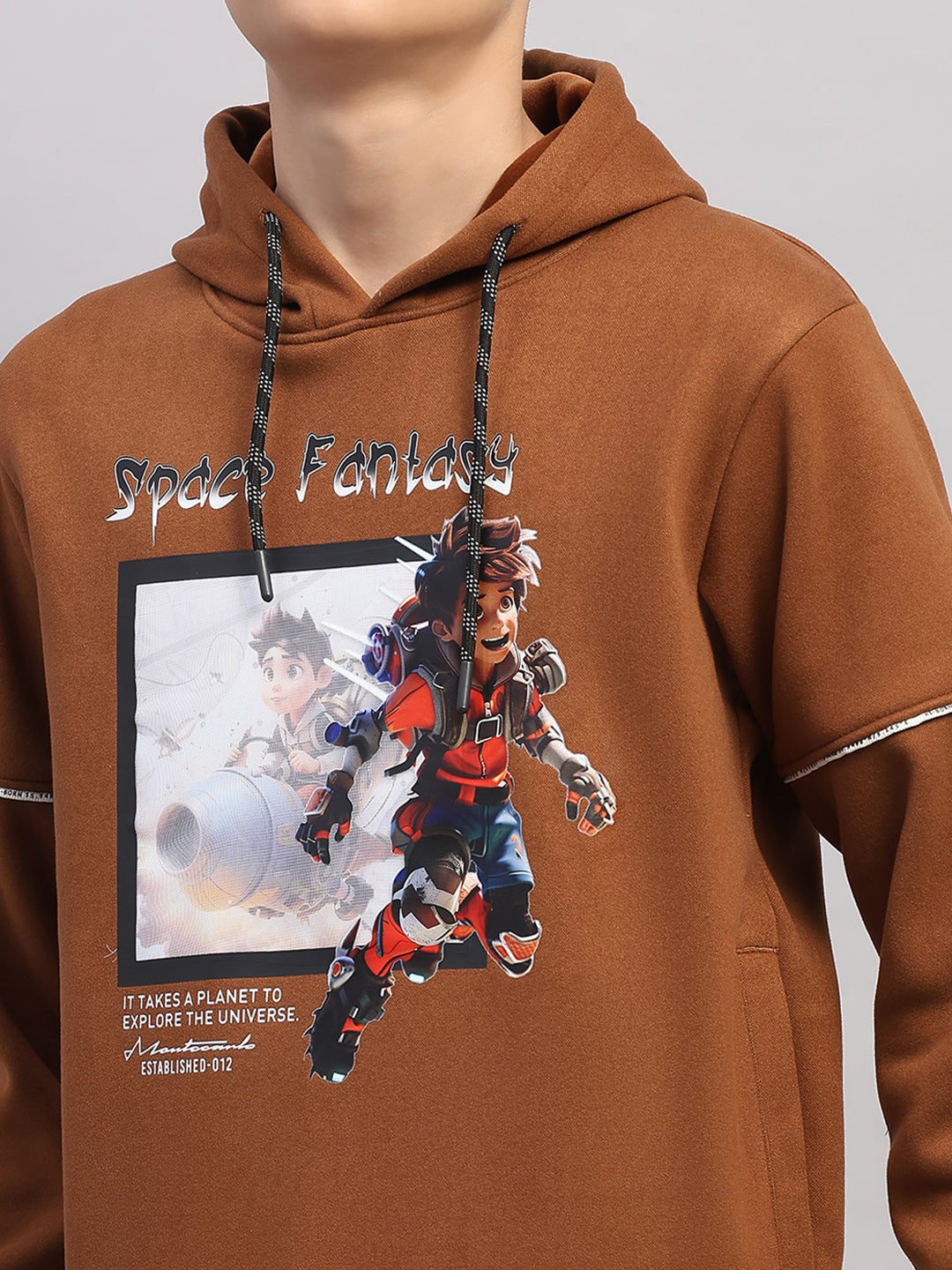 Boys Brown Printed Round Neck Full Sleeve Sweatshirt