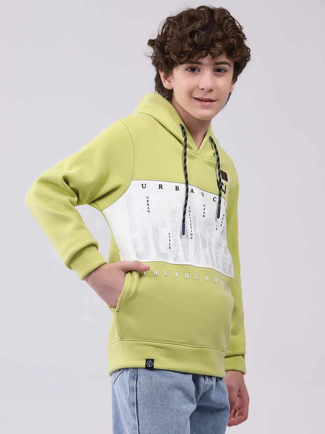 Boys Green Printed Hooded Full Sleeve Sweatshirt