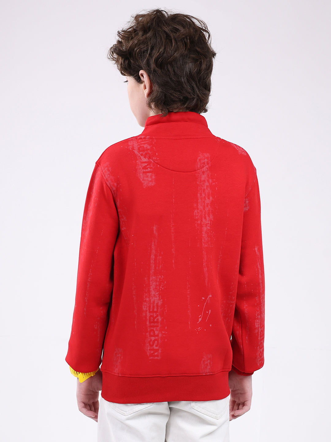 Boys Red Printed Mock Neck Full Sleeve Sweatshirt