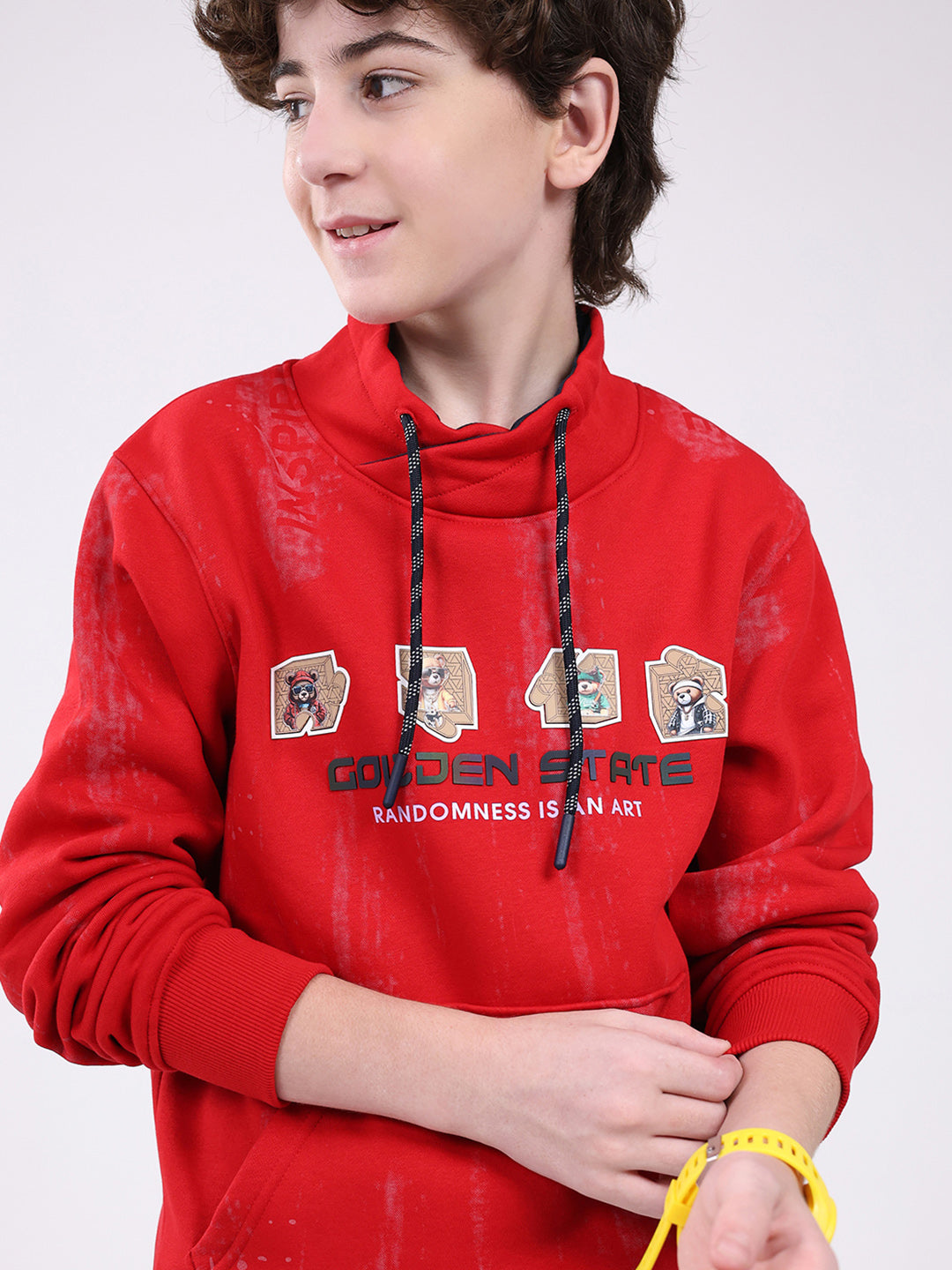 Boys Red Printed Mock Neck Full Sleeve Sweatshirt