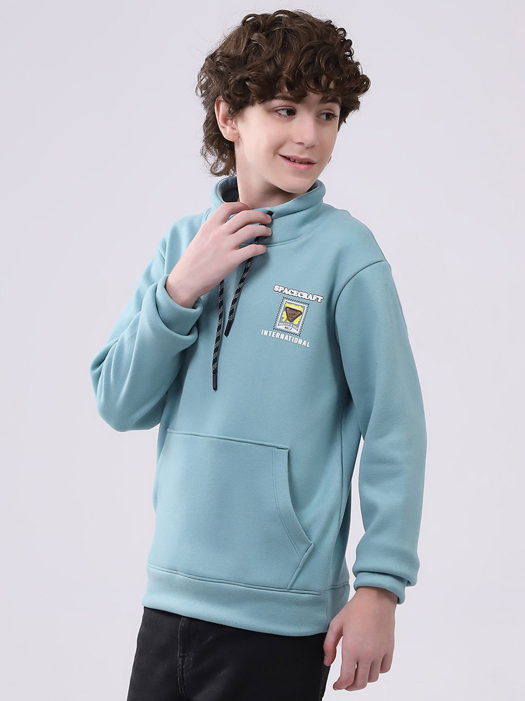 Boys Green Printed Mock Neck Full Sleeve Sweatshirt