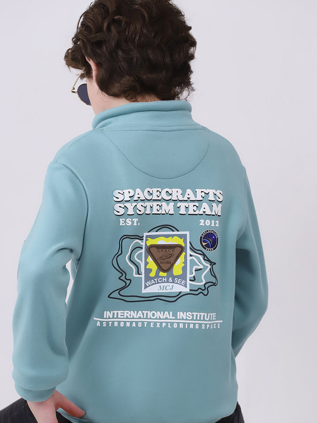 Boys Green Printed Mock Neck Full Sleeve Sweatshirt