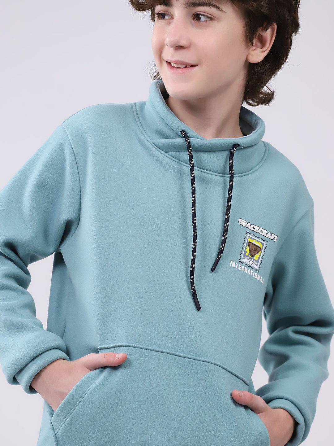 Boys Green Printed Mock Neck Full Sleeve Sweatshirt