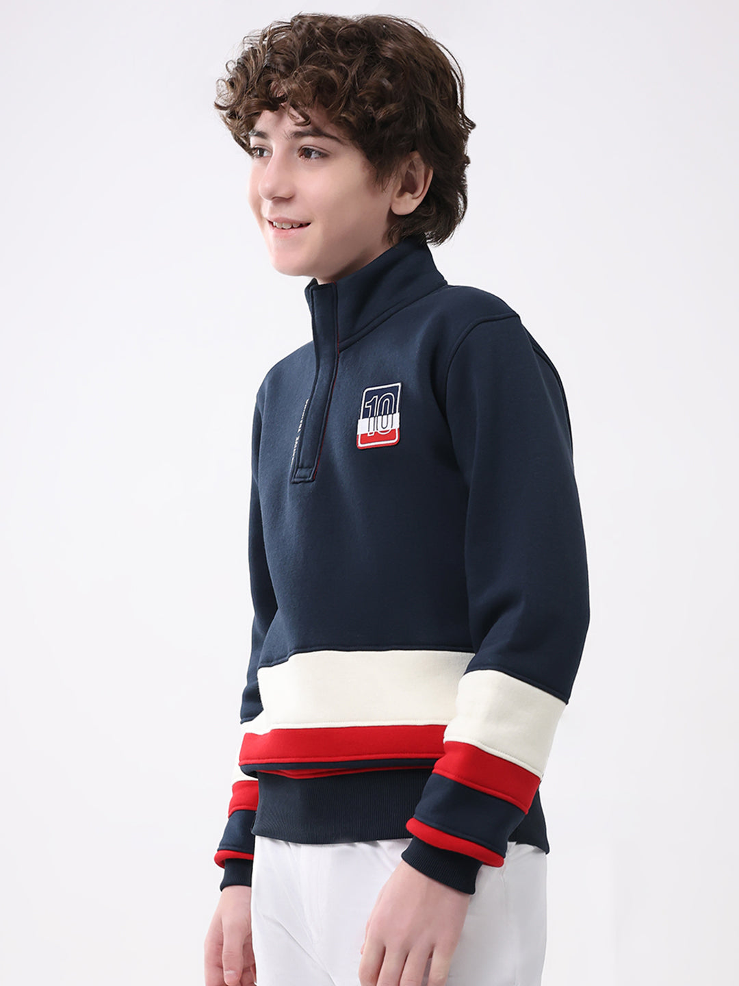 Boys Navy Blue Self Design Mock Neck Full Sleeve Sweatshirt