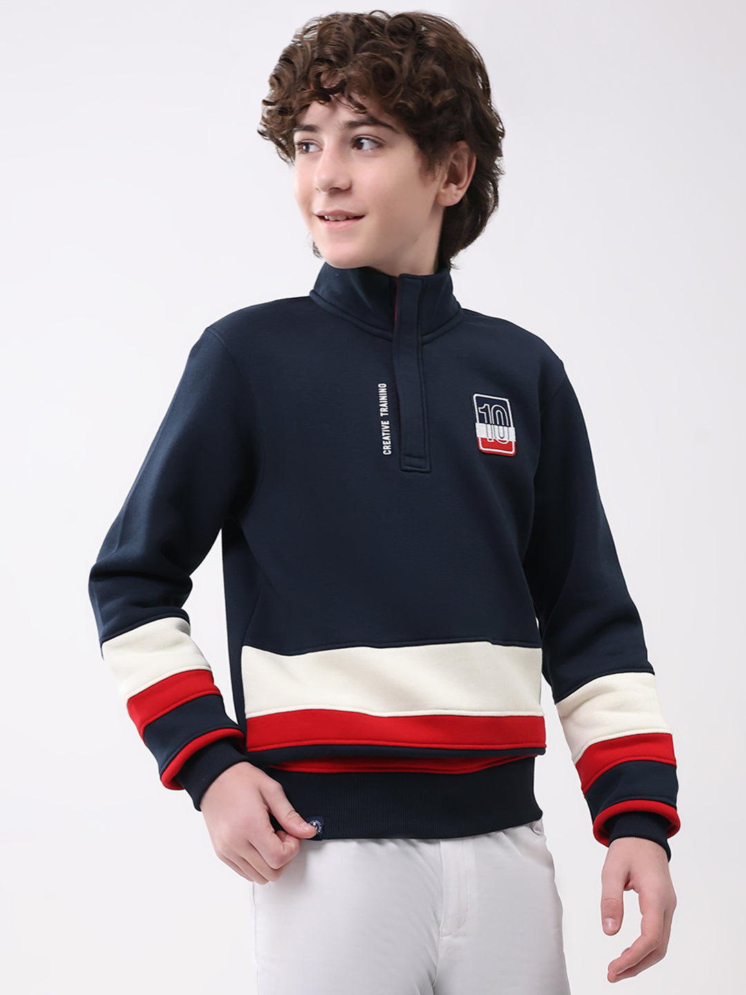 Boys Navy Blue Self Design Mock Neck Full Sleeve Sweatshirt