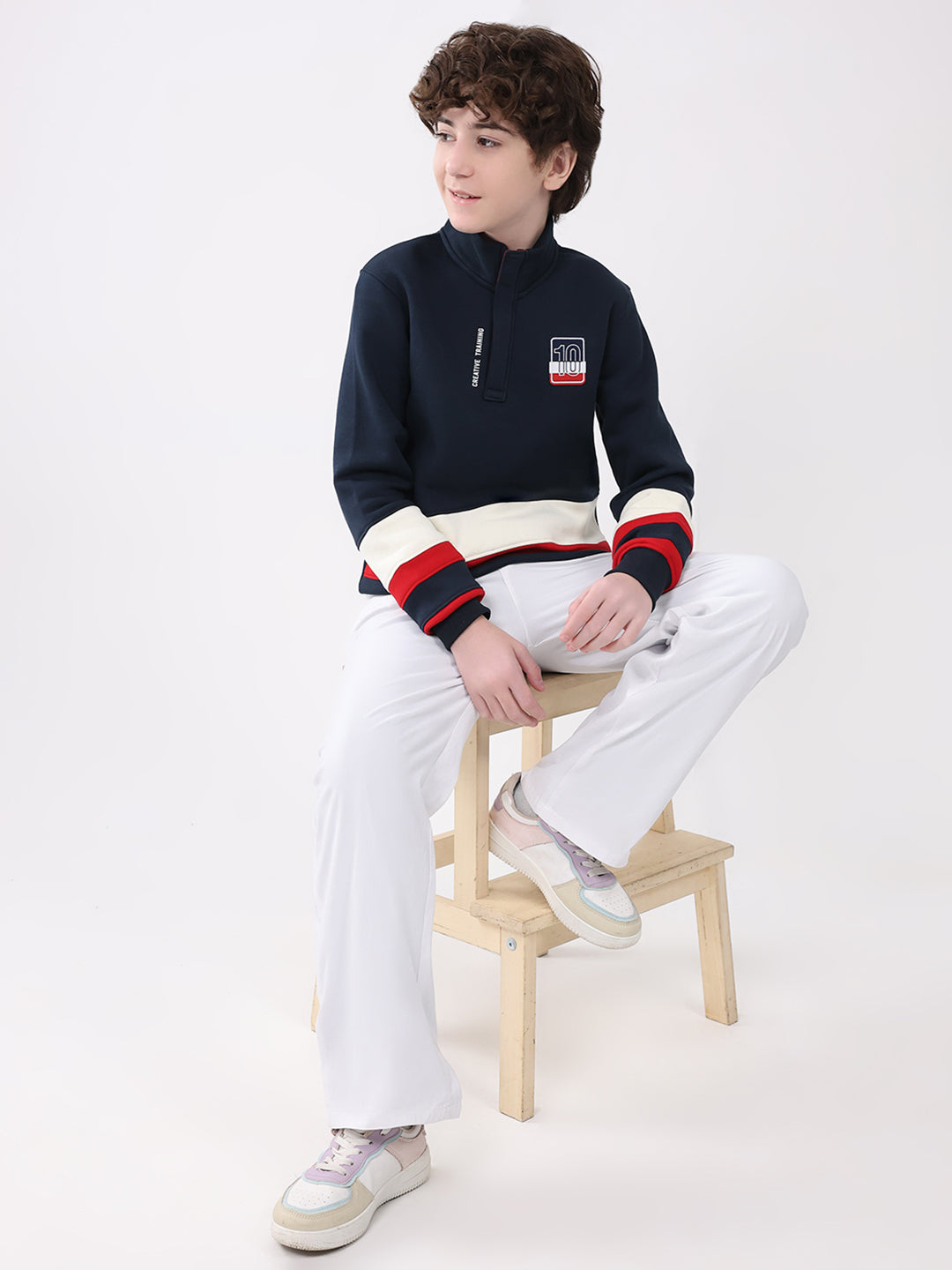 Boys Navy Blue Self Design Mock Neck Full Sleeve Sweatshirt