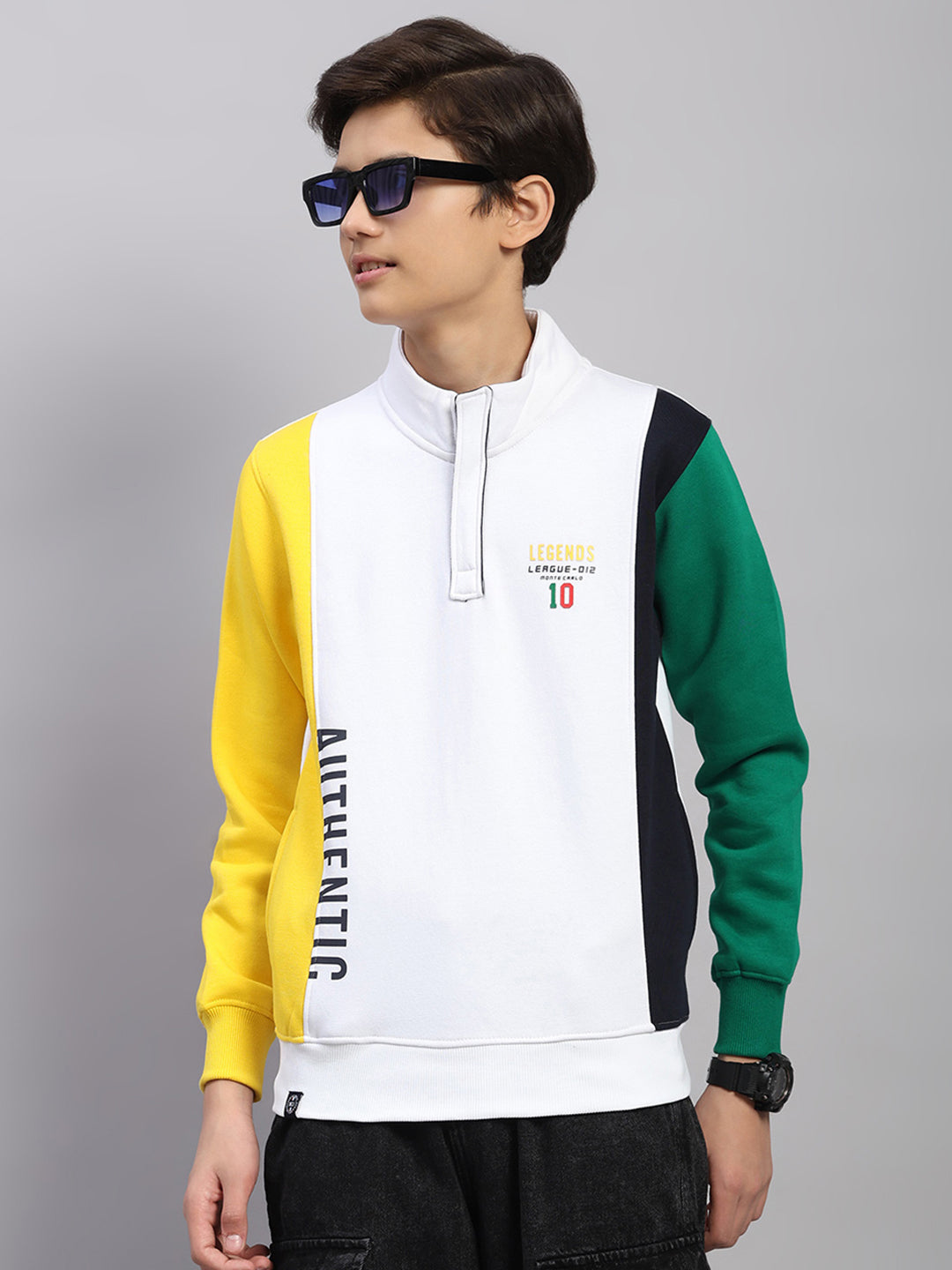 Boys White Printed Collar Full Sleeve Sweatshirt