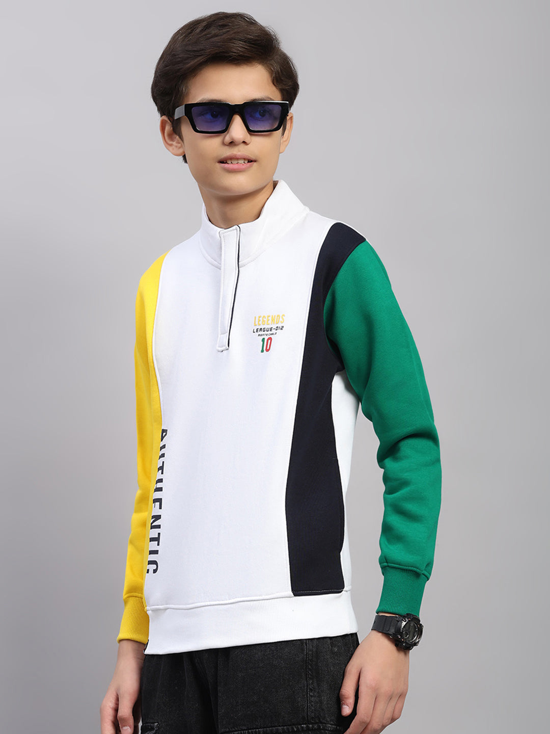 Boys White Printed Collar Full Sleeve Sweatshirt