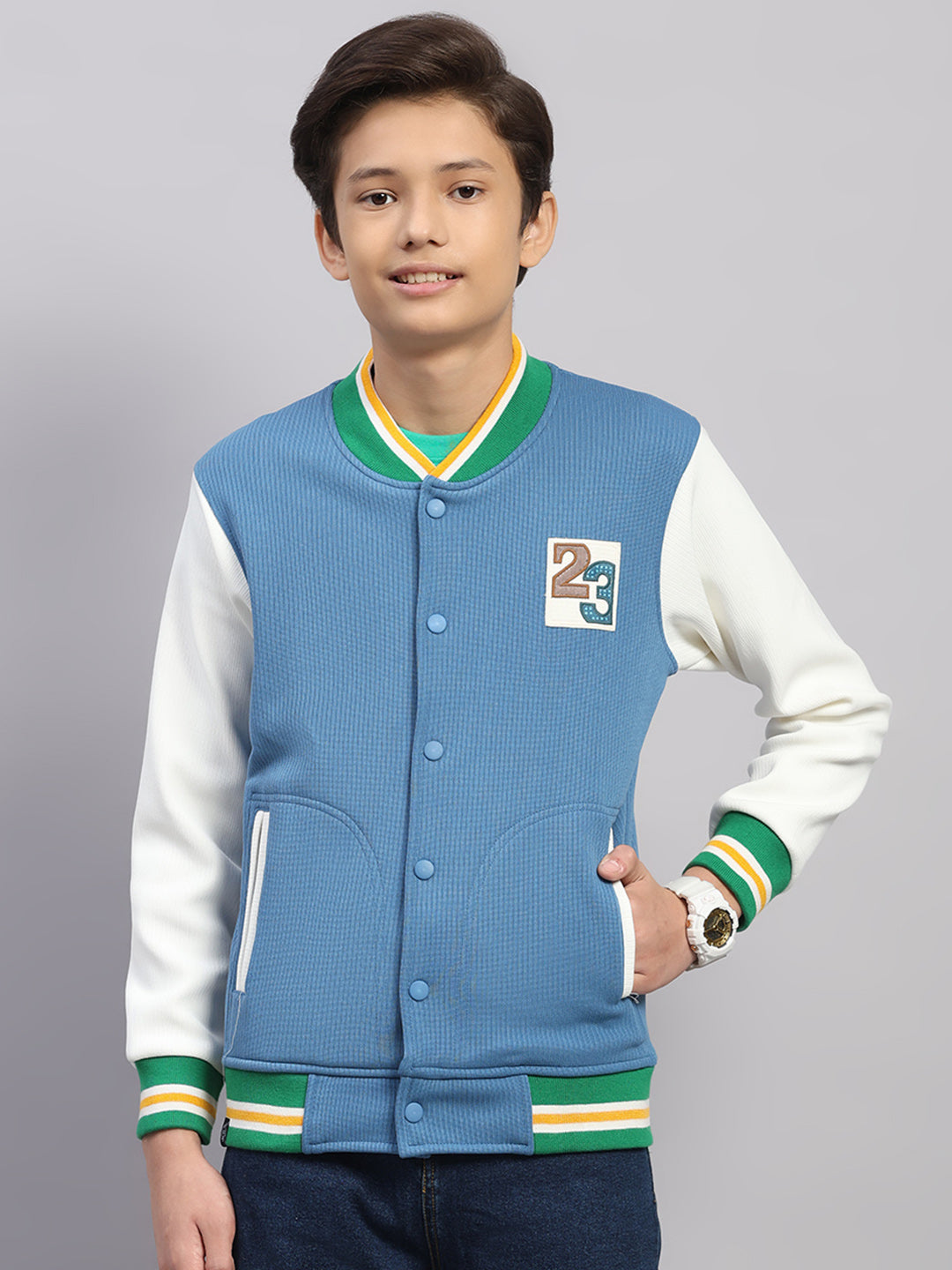 Boys Blue Embroidered Round Neck Full Sleeve Sweatshirt