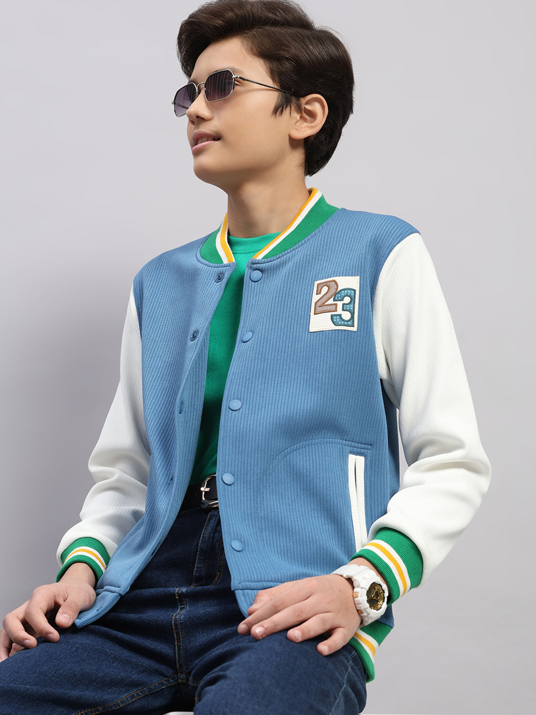 Boys Blue Embroidered Round Neck Full Sleeve Sweatshirt