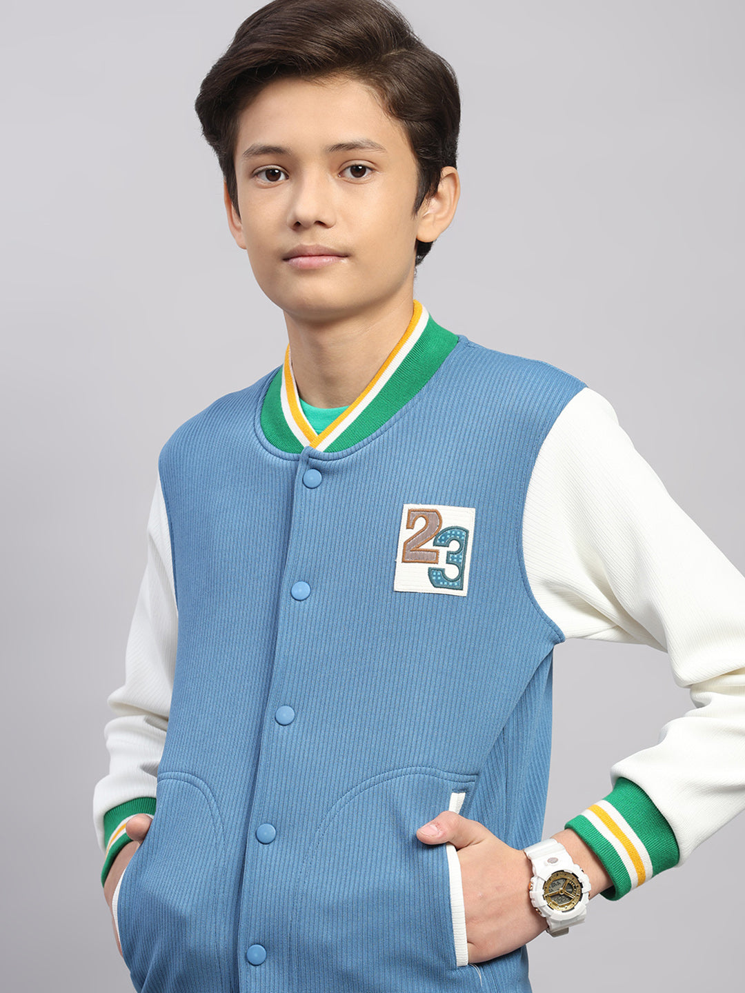 Boys Blue Embroidered Round Neck Full Sleeve Sweatshirt