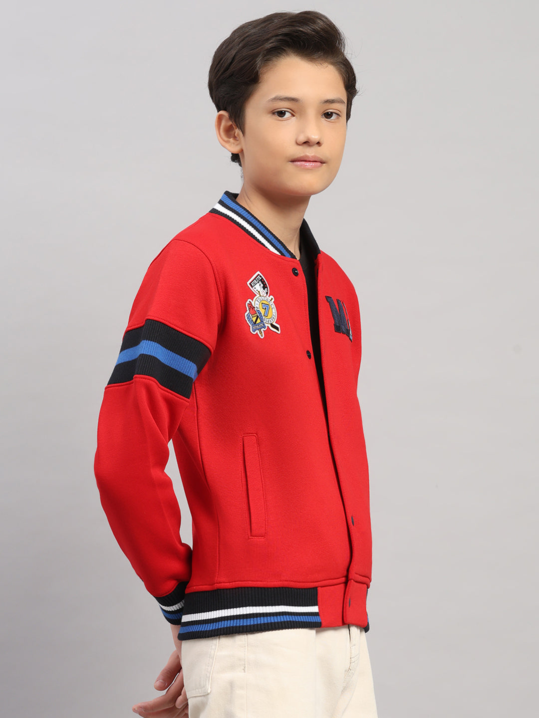 Boys Red Embroidered Round Neck Full Sleeve Sweatshirt