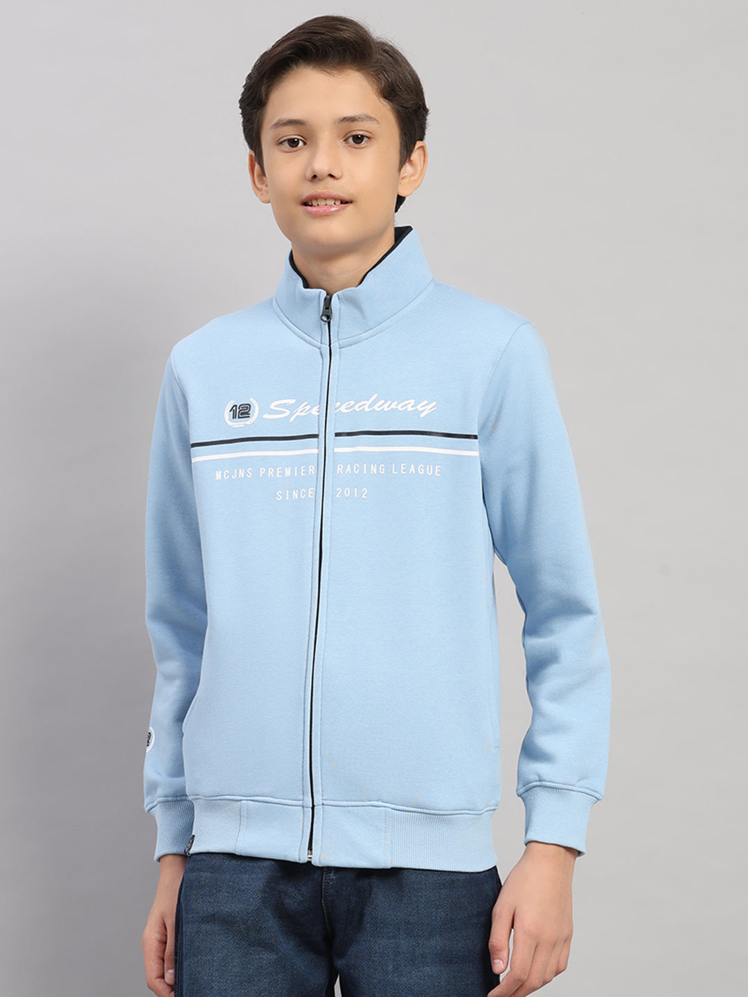 Boys Sky Blue Printed Turtle Neck Full Sleeve Sweatshirt