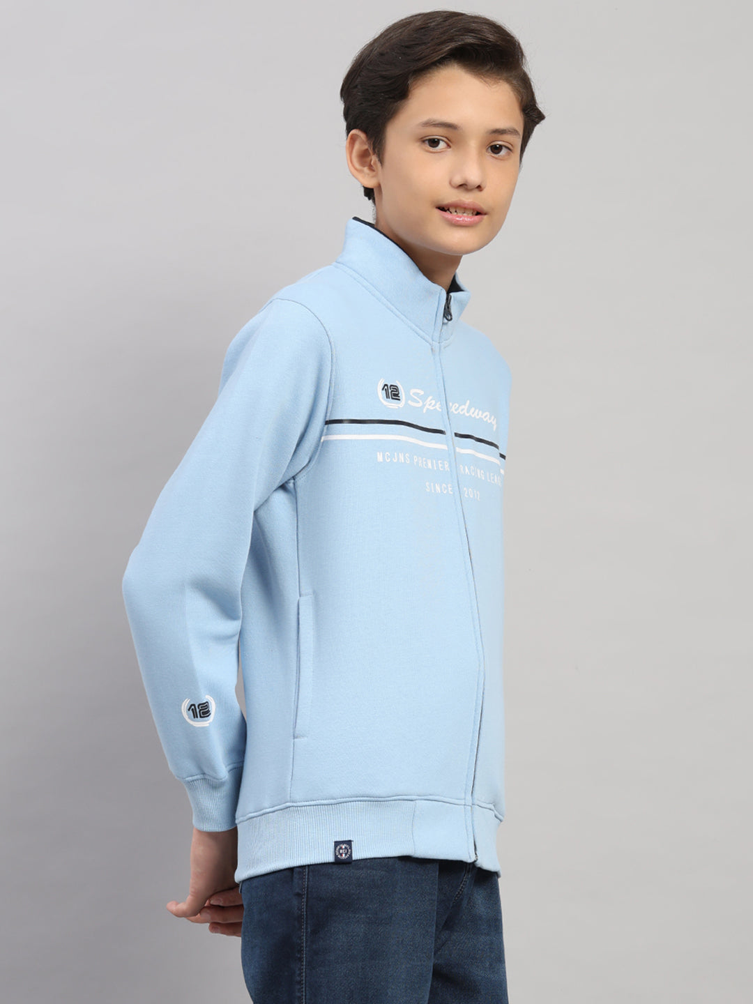 Boys Sky Blue Printed Turtle Neck Full Sleeve Sweatshirt
