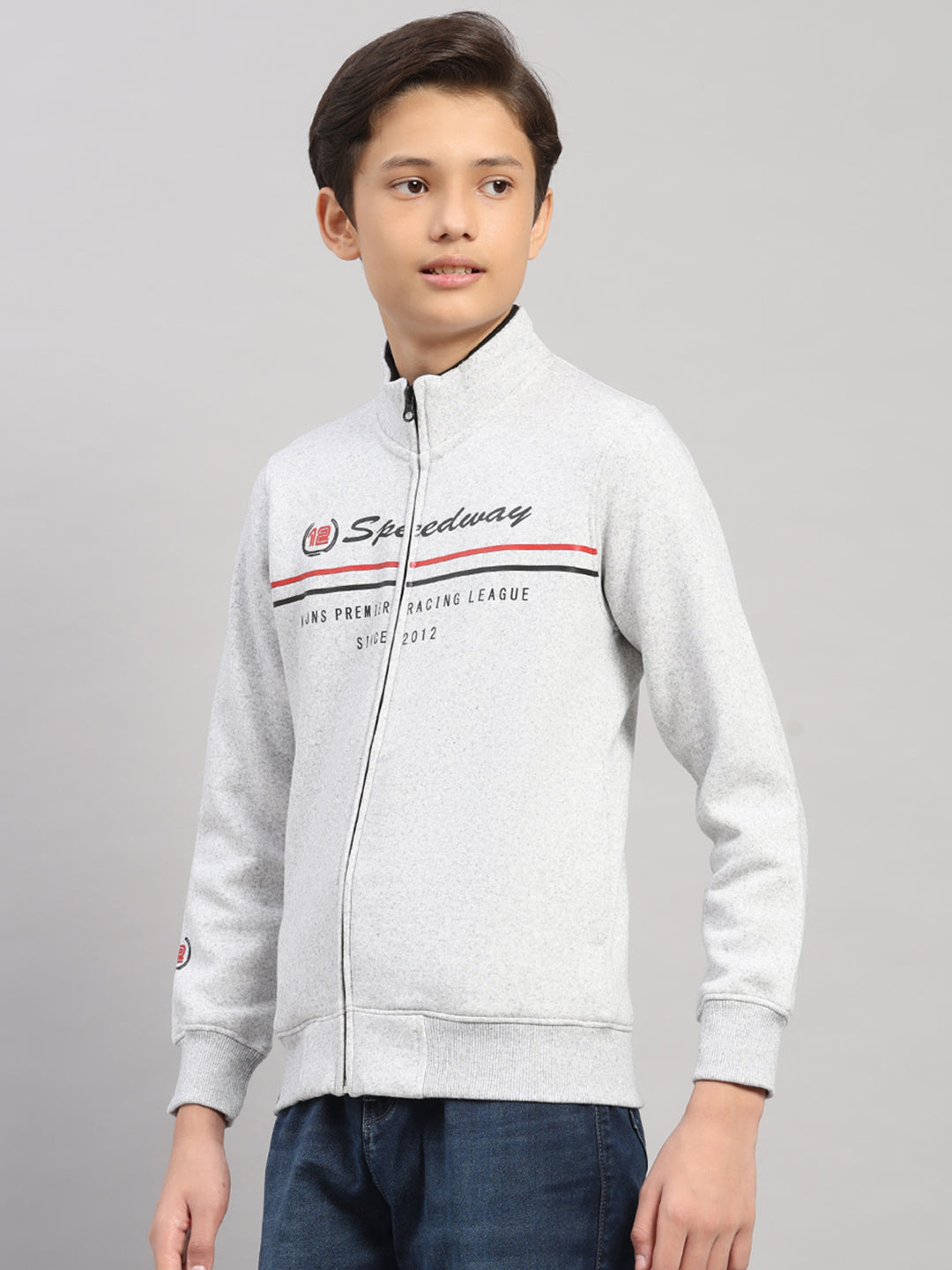 Boys Grey Melange Printed Turtle Neck Full Sleeve Sweatshirt