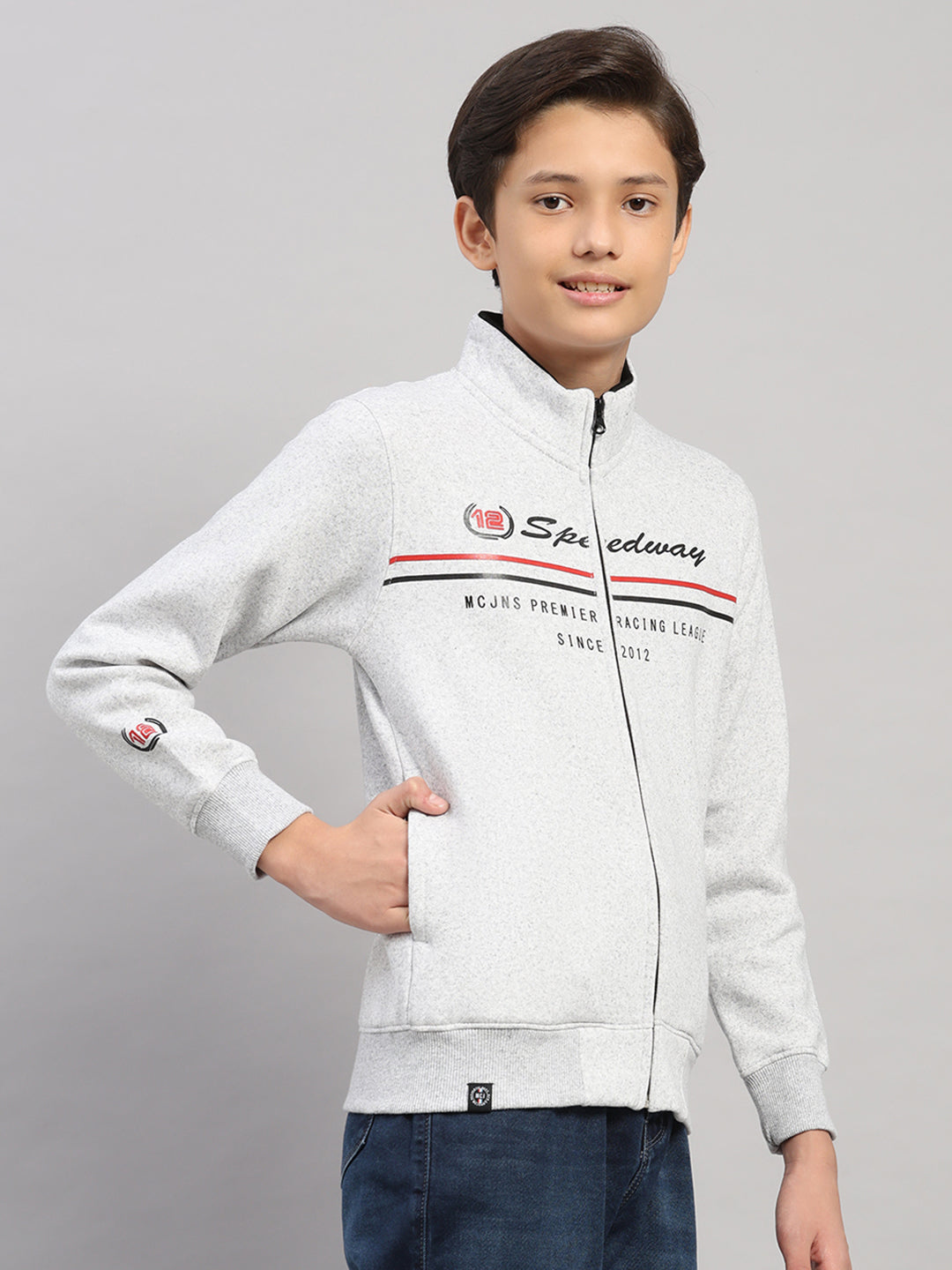 Boys Grey Melange Printed Turtle Neck Full Sleeve Sweatshirt