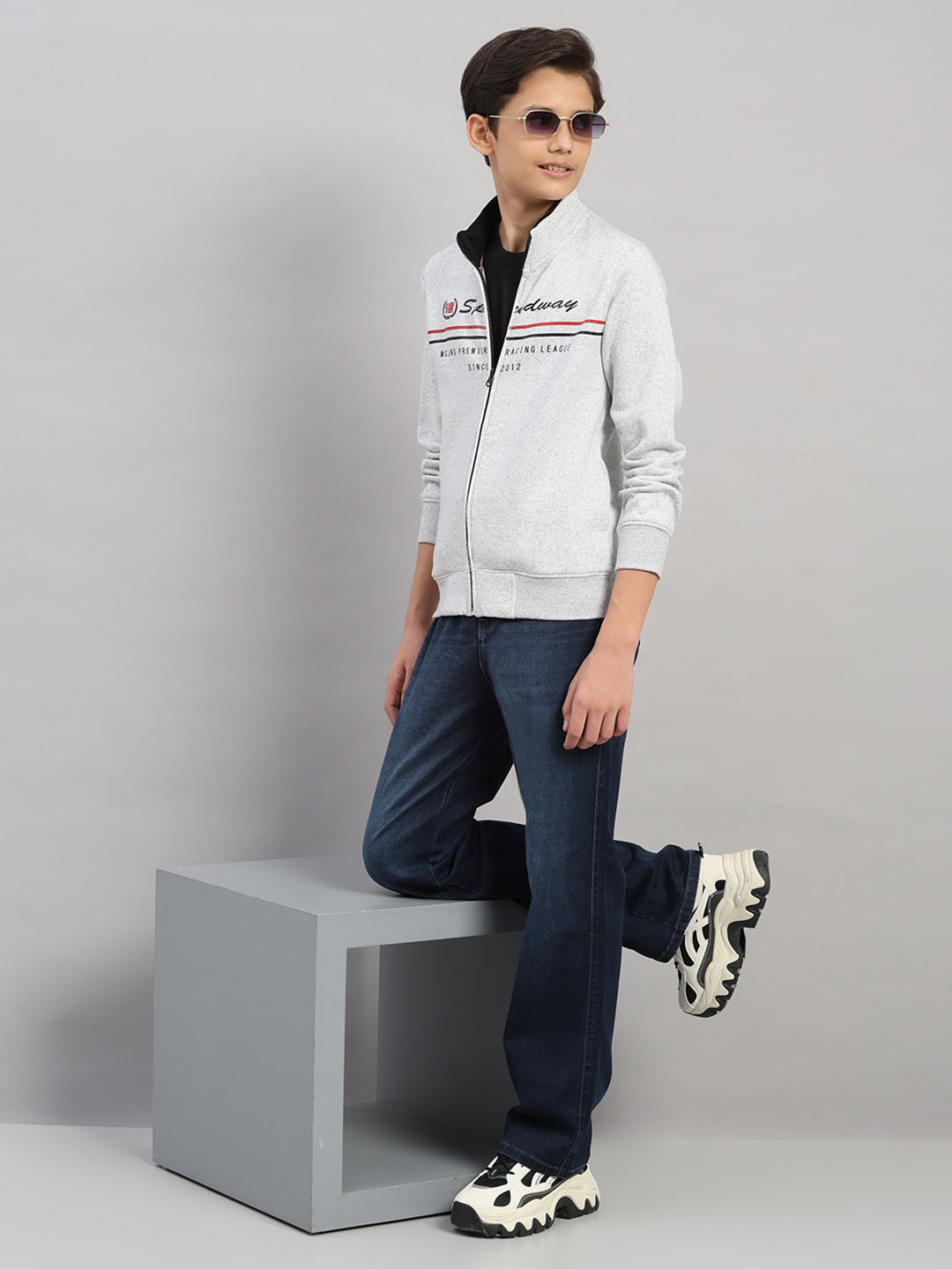 Boys Grey Melange Printed Turtle Neck Full Sleeve Sweatshirt