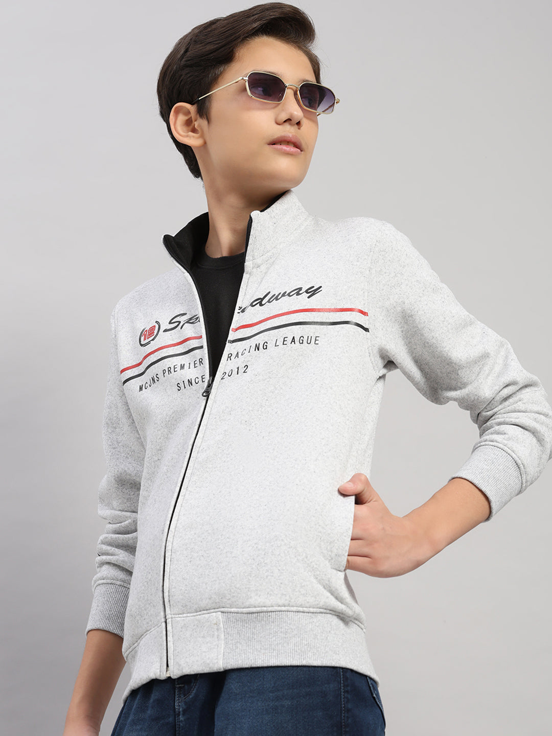 Boys Grey Melange Printed Turtle Neck Full Sleeve Sweatshirt