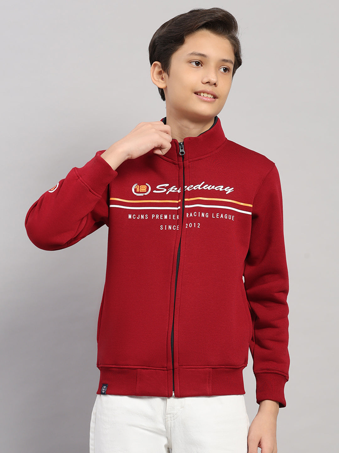 Boys Maroon Printed Turtle Neck Full Sleeve Sweatshirt