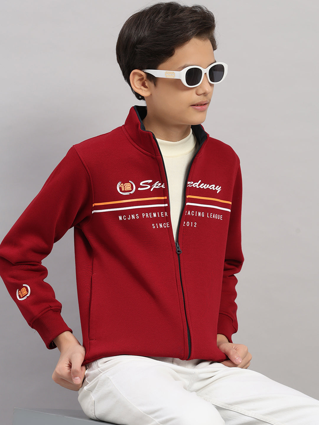 Boys Maroon Printed Turtle Neck Full Sleeve Sweatshirt