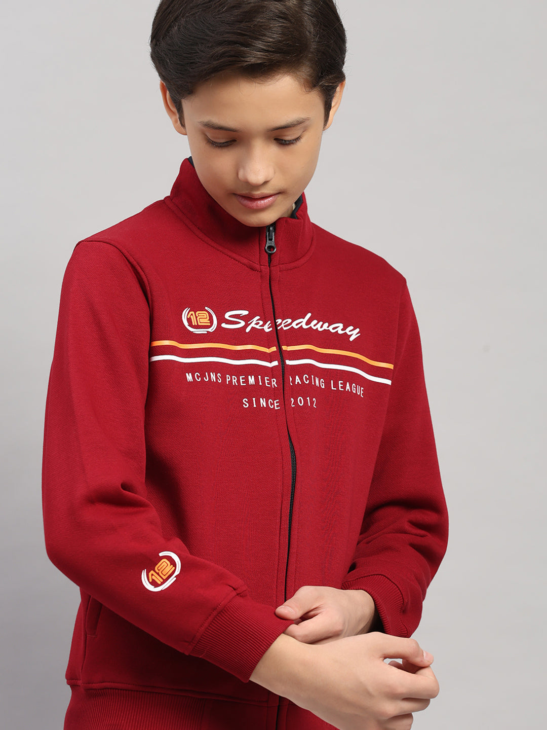 Boys Maroon Printed Turtle Neck Full Sleeve Sweatshirt