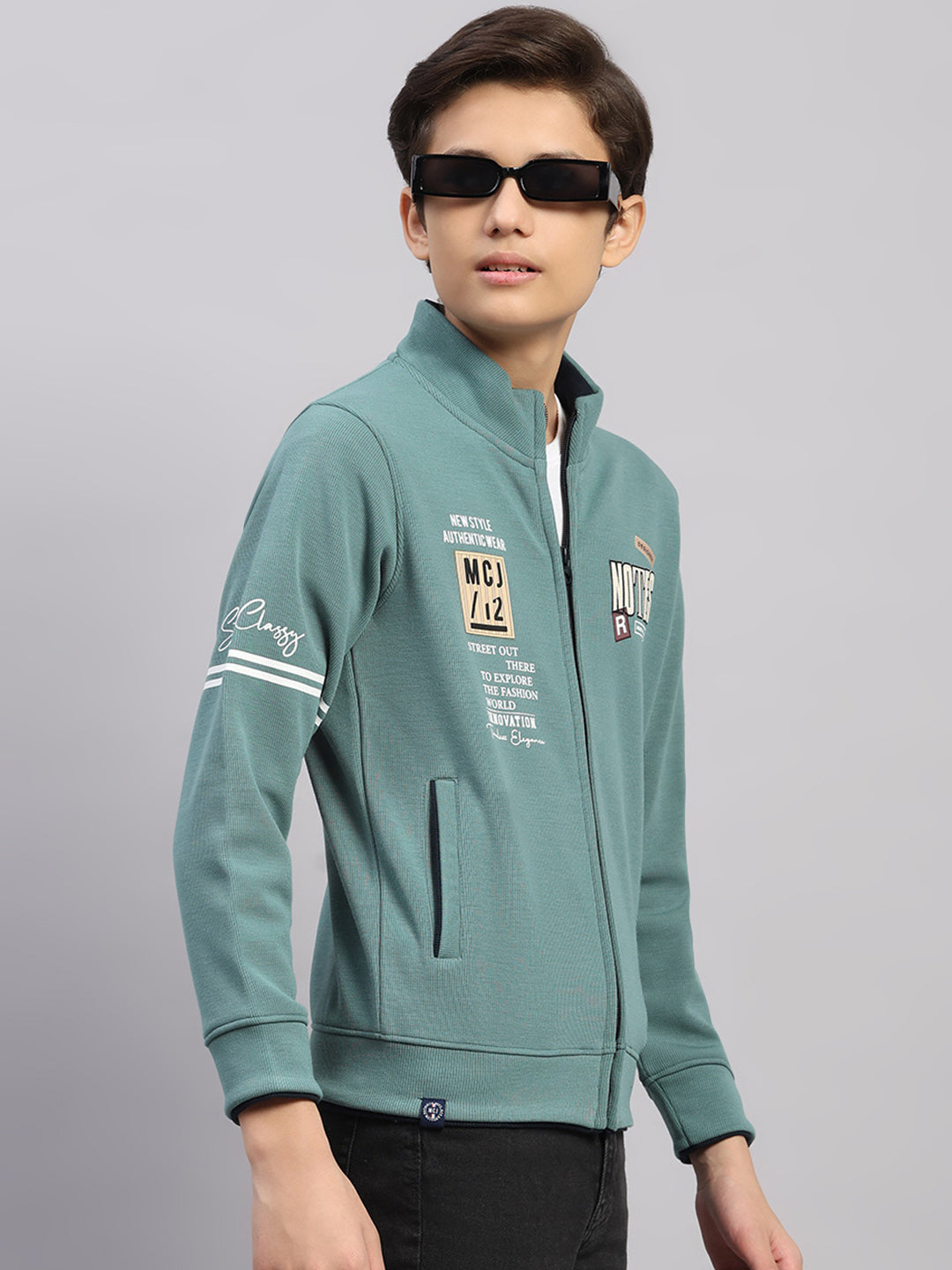 Boys Green Printed Round Neck Full Sleeve Sweatshirt