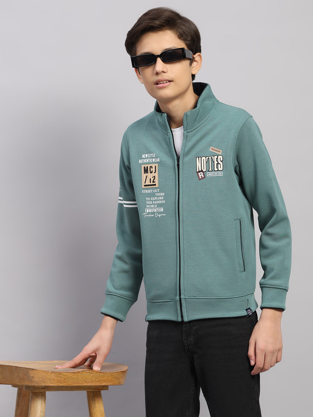 Boys Green Printed Round Neck Full Sleeve Sweatshirt