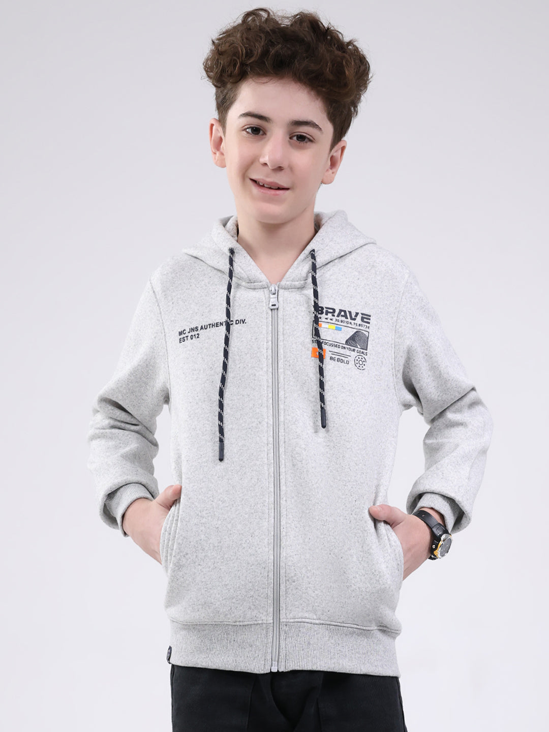 Boys Grey Printed Hooded Full Sleeve Sweatshirt