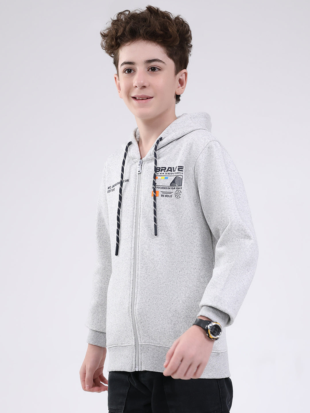 Boys Grey Printed Hooded Full Sleeve Sweatshirt