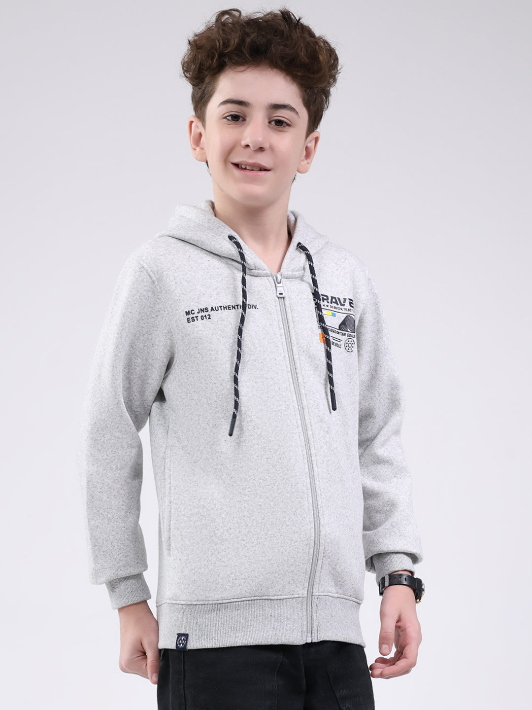Boys Grey Printed Hooded Full Sleeve Sweatshirt