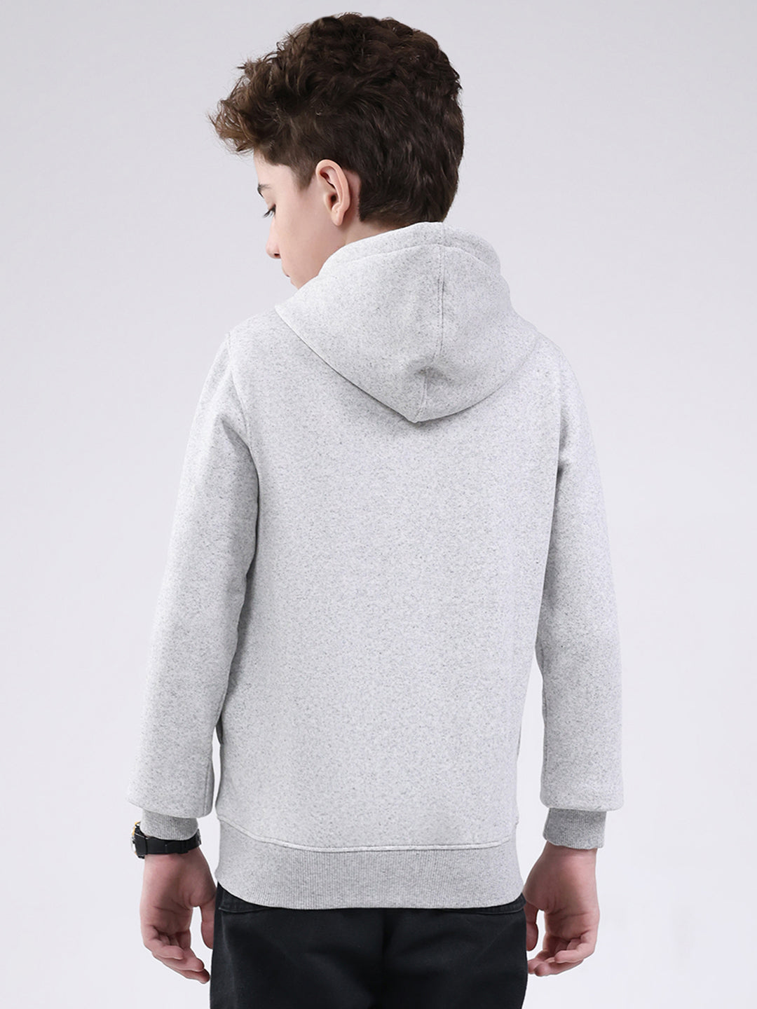 Boys Grey Printed Hooded Full Sleeve Sweatshirt