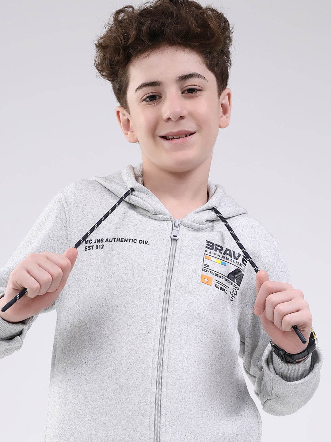 Boys Grey Printed Hooded Full Sleeve Sweatshirt