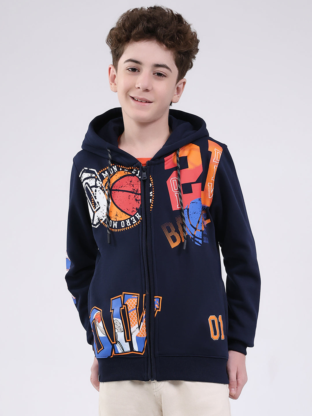 Boys Navy Blue Printed Hooded Full Sleeve Sweatshirt