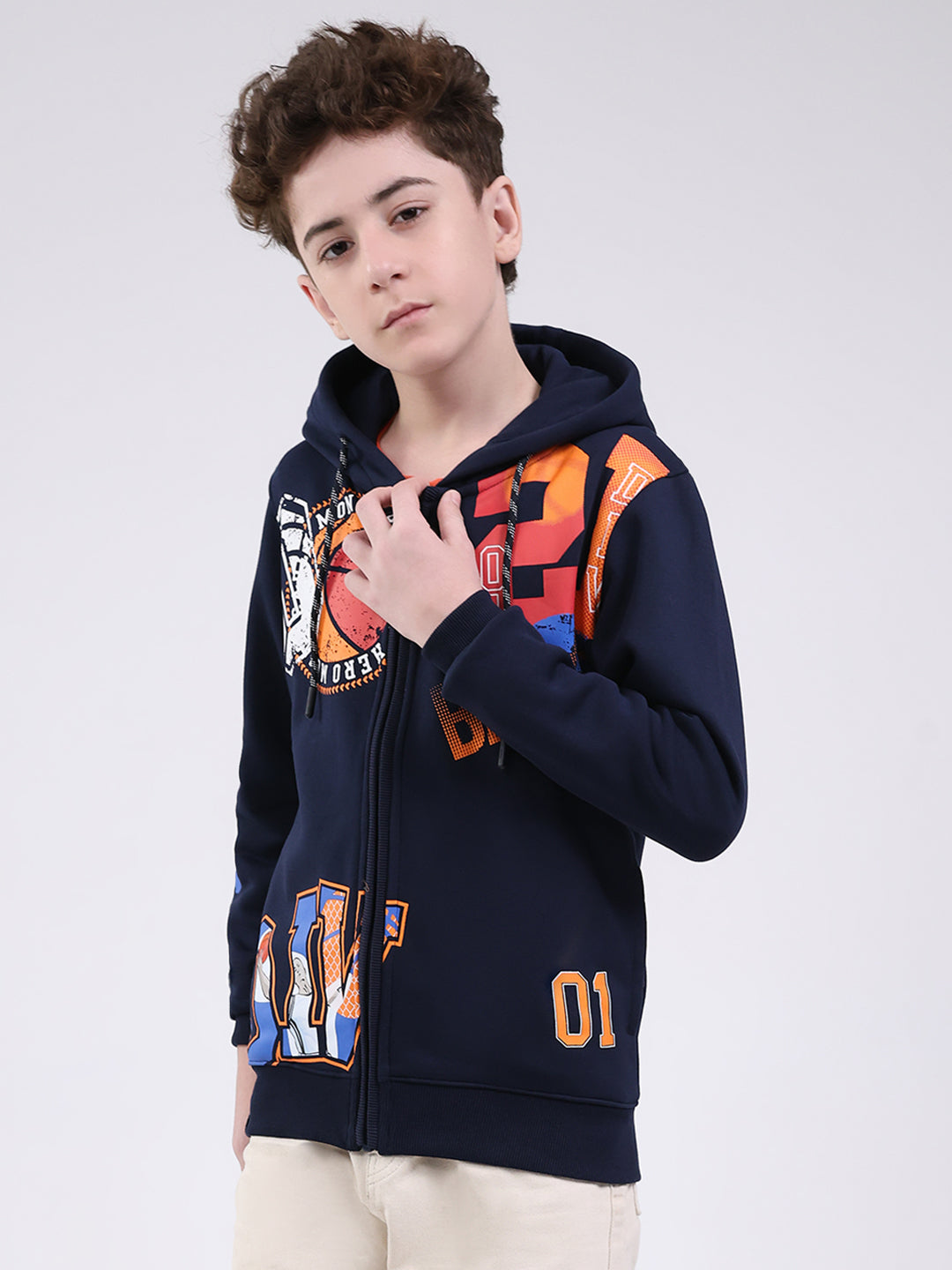 Boys Navy Blue Printed Hooded Full Sleeve Sweatshirt