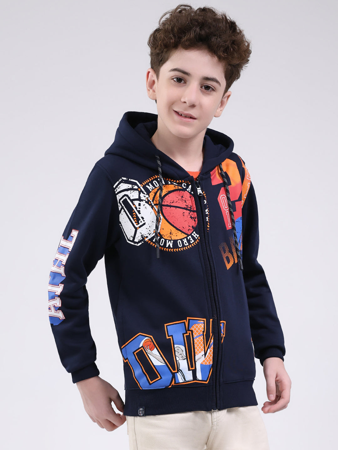 Boys Navy Blue Printed Hooded Full Sleeve Sweatshirt