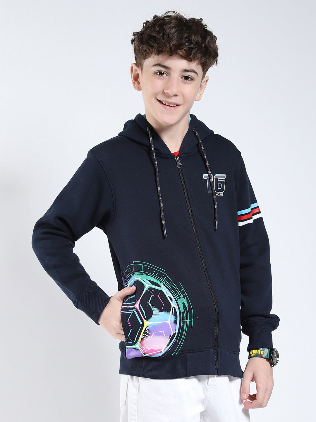 Boys Navy Blue Printed Hooded Full Sleeve Sweatshirt