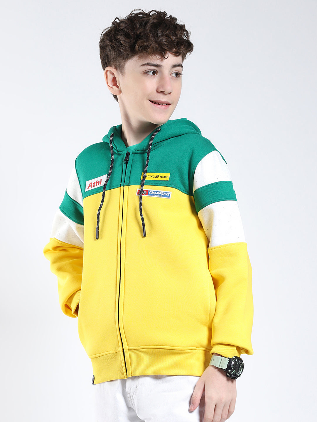 Boys Yellow Printed Hooded Full Sleeve Sweatshirt